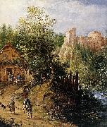 Pieter van Gunst Mountain Valley with Inn and Castle USA oil painting artist